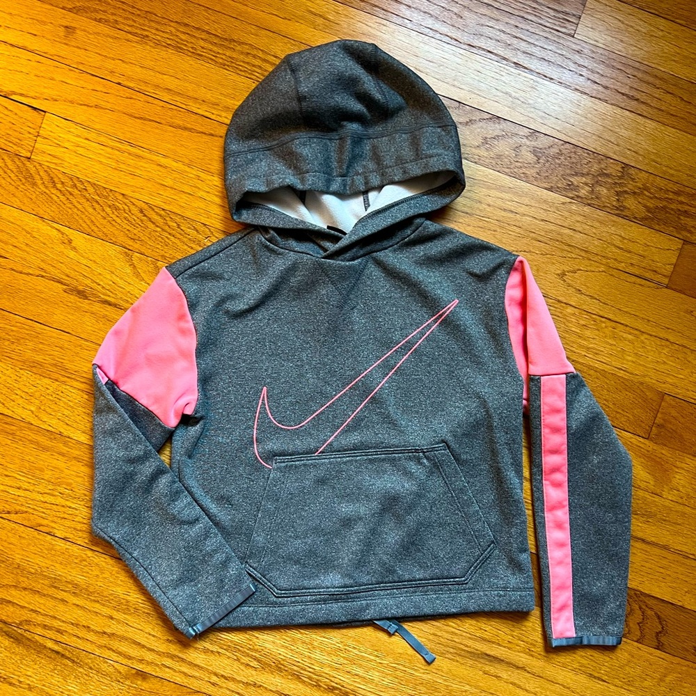 Nike cropped hoodie, size youth medium, excellent condition, grey with coral